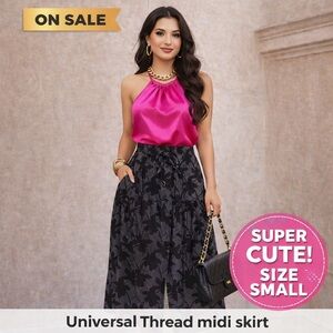 • Universal Thread Black Floral Midi Skirt Boho Tie Waist Size S